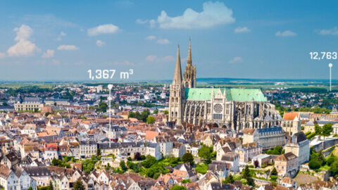 vista aérea de la ciudad de Chartres, con los datos indicados 