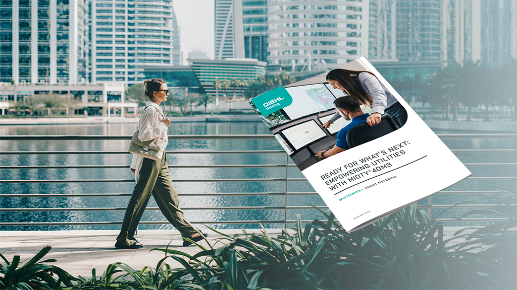 picture of a woman walking on a smart city looking at MIOTY®: CUTTING-EDGE CONNECTIVITY ebook of Diehl Metering 