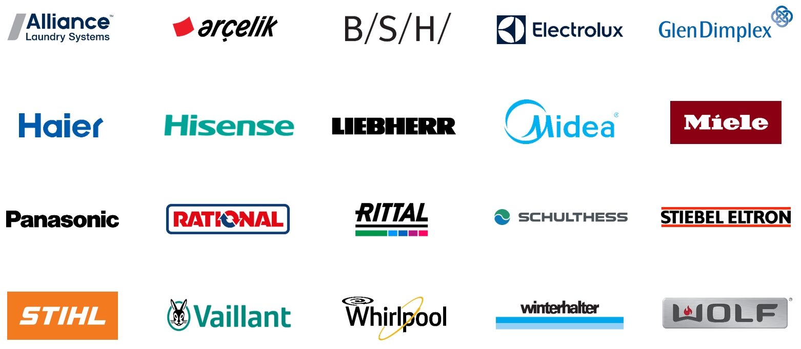 Logos der Unternehmen: arcelik, Bauer, B/S/H, Electrolux, GlenDimplex, Haier, Hisense, Liebherr, Midea, Miele, Panasonic, Rational, Rittal, Schulthess, Stiebel Eltron, Stihl, Vaillant, Whirlpool, Winterhalter und Wolf