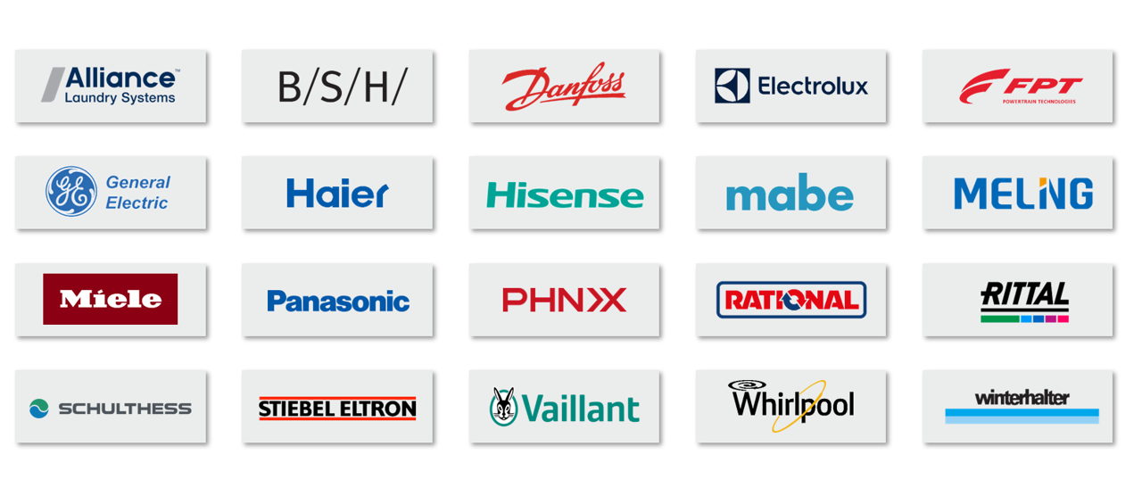 Company logos: arcelik, Bauer, B/S/H, Electrolux, GlenDimplex, Haier, Hisense, Liebherr, Midea, Miele, Panasonic, Rational, Rittal, Schulthess, Stiebel Eltron, Stihl, Vaillant, Whirlpool, Winterhalter and Wolf