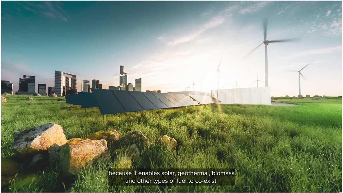 ett landskap med solpaneler och vindkraftverk