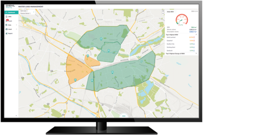 A desktop device showing a map overview of a water network within IZAR@SMART WATER, with each DMA colored according to their performance, enabling enhanced network monitoring.