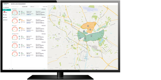 A desktop device showing a map overview within IZAR@SMART WATER, with performance indicators of each DMA and alerts/alarms and level details. This supports maintenance task planning.