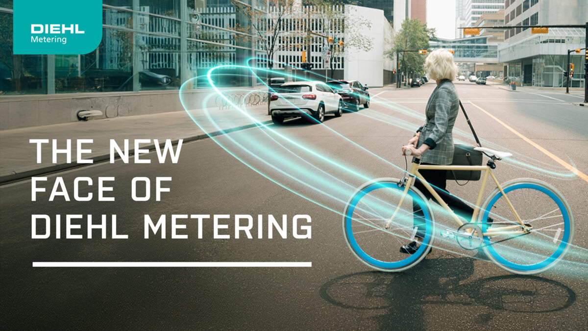 A woman crosses the street with a modern bicycle surrounded by glowing digital lines symbolizing connectivity: the new vusual signature flowline of Diehl Metering end to end water solutions provider. With a caption: “The new face of Diehl Metering.”  