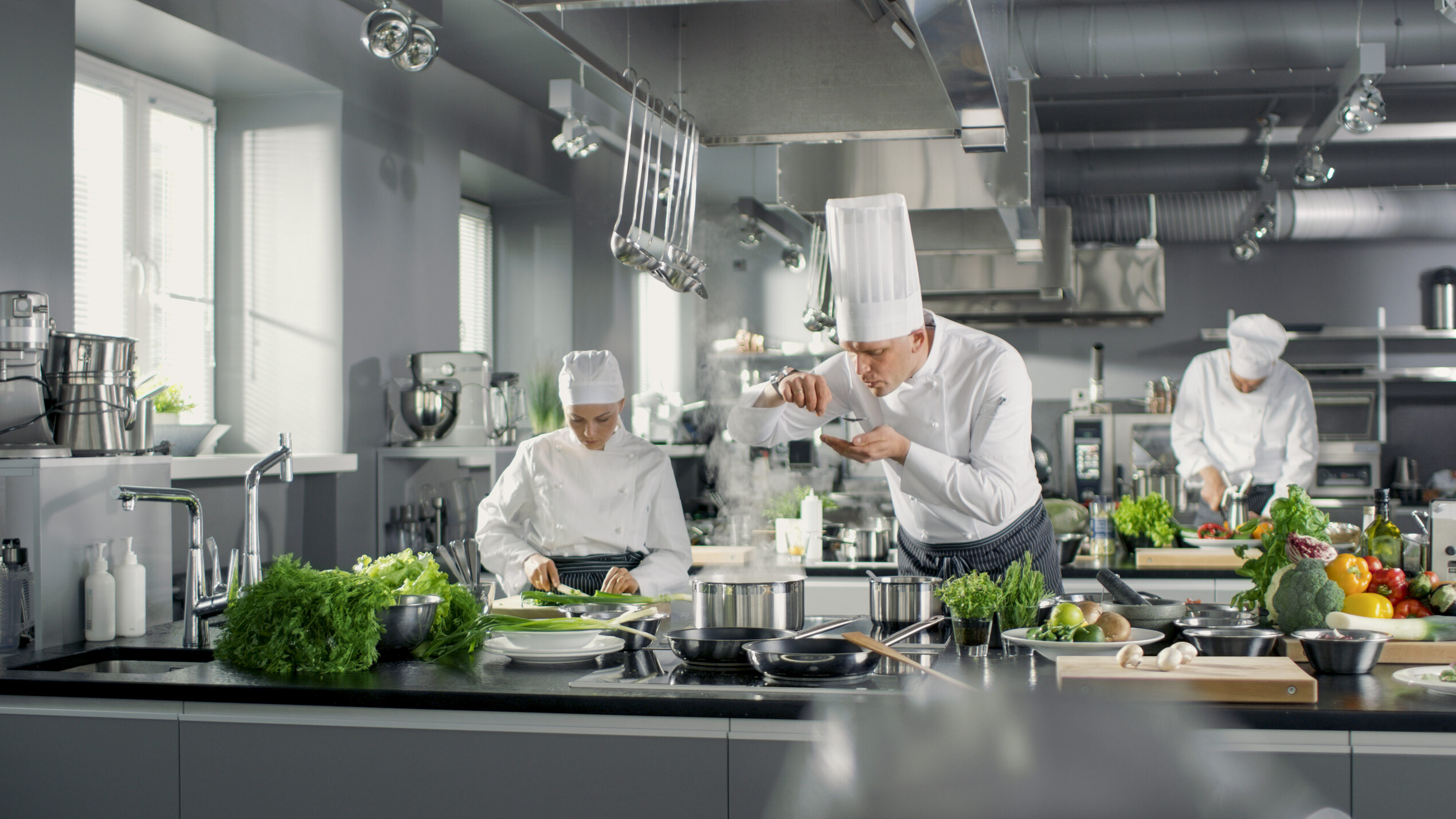 Several chefs cooking in a commercial kitchen